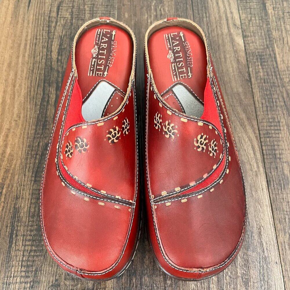 L'Artiste Spring Step Leather Clog Mule Hand Painted Shoe Chino Boho Size 38 Red - Picture 3 of 12